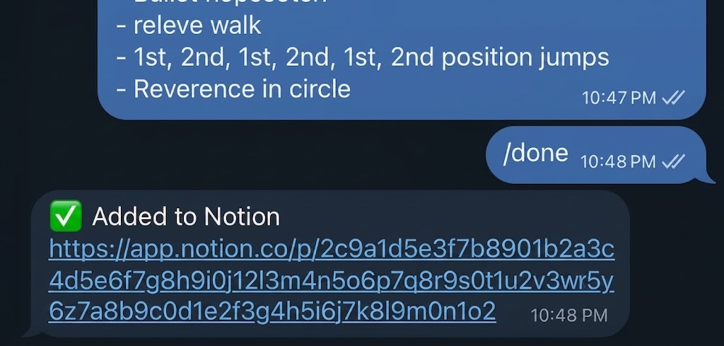 Telegram chat showing raw class notes, a /done command, and a bot reply confirming the entry was added to Notion